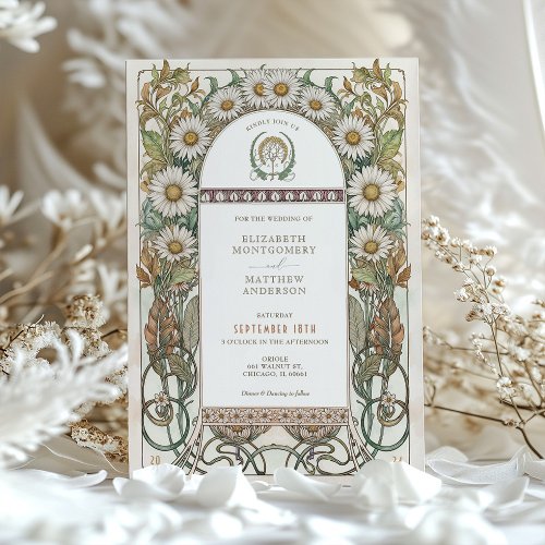 Luxurious Daisy Floral Art Nouveau Wedding Invitation