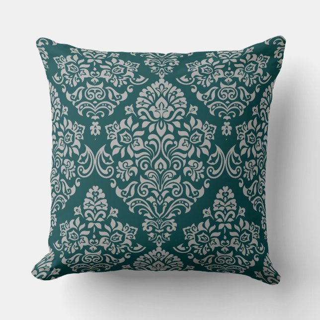 Luxurious Damask Pattern on Deep Turquoise Color Throw Pillow (Front)