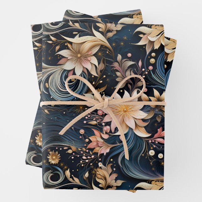 Luxurious Dark Blue Botanical Garden Wrapping Paper Sheets (In situ)