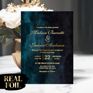 Luxurious Dark Moody Watercolor Wedding Real Gold Foil Invitation
