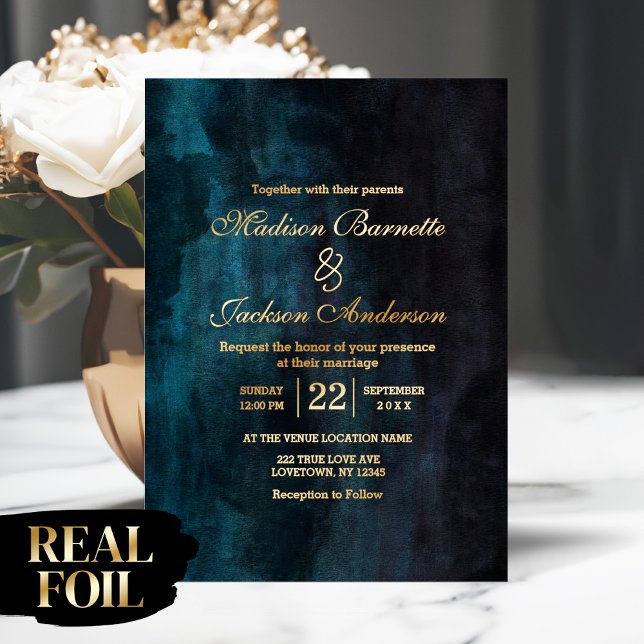 Luxurious Dark Moody Watercolor Wedding Real Gold Foil Invitation (Make your special day unforgettable with this luxurious wedding invitation featuring real foil)