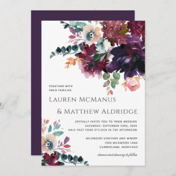 Luxurious Dark Purple Watercolor Bouquet Wedding Invitation