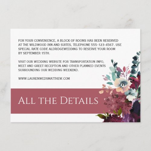 Luxurious Dark Rose Pink Floral Wedding Details Enclosure Card