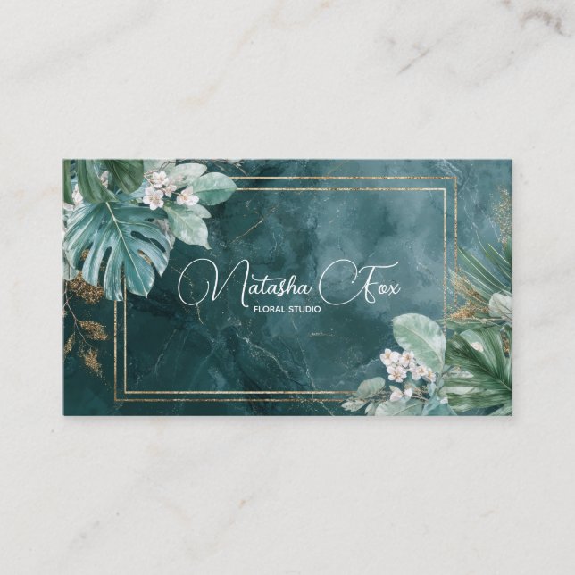 Luxurious Dark Teal Marble Gold Tropical Floral Business Card (Front)
