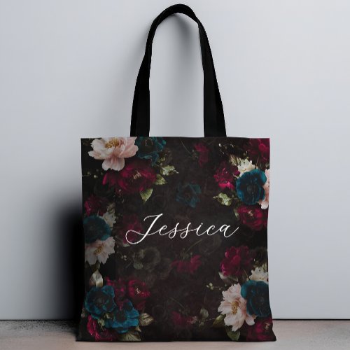 Luxurious Dark turquoise red Floral Bloom Tote Bag