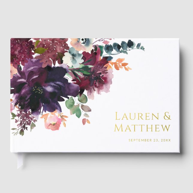 Luxurious Dark Watercolor Floral Wedding Foil Guest Book (Front)