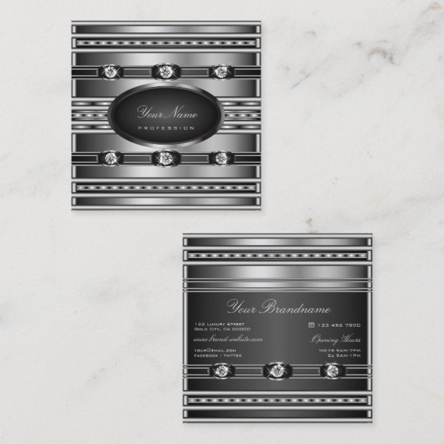 Luxurious Decorative Silver Black with Diamonds Square Business Card (Front/Back)
