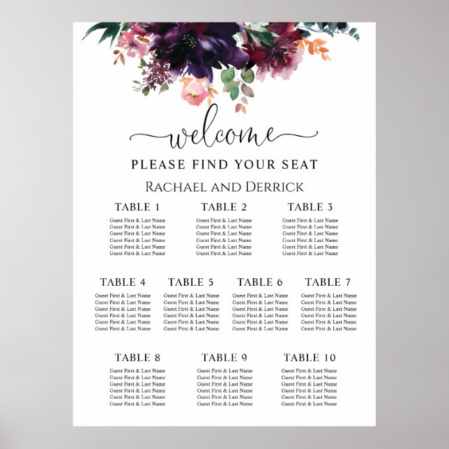 Luxurious Deep Floral Wedding Seating Chart (Front)
