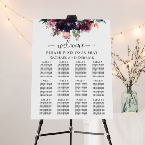 Luxurious Deep Floral Wedding Seating Chart Foam Board