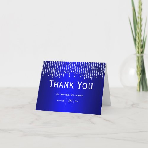 Luxurious Diamonds and Pearls Sparkly Blue Wedding Thank You Card