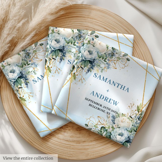 Luxurious Dusty Blue Flowers Gold Glitter Frame Cloth Napkin (Luxurious Dusty Blue Flowers and Gold Glitter Frame Cloth Napkins)