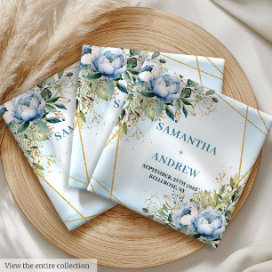 Luxurious Dusty Blue Flowers Gold Glitter Frame Cloth Napkin