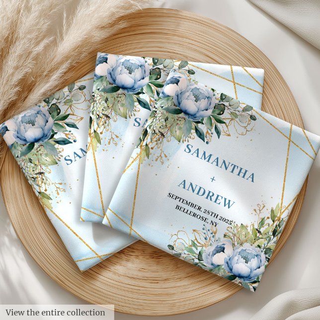 Luxurious Dusty Blue Flowers Gold Glitter Frame Cloth Napkin (Luxurious Dusty Blue Flowers and Gold Glitter Frame Cloth Napkins)