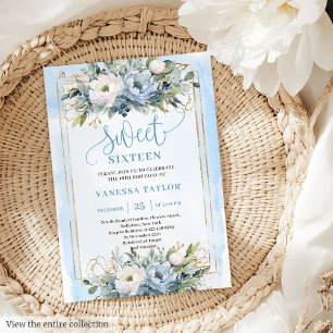 Luxurious Dusty Blue White Gold Flowers Sweet 16 Invitation