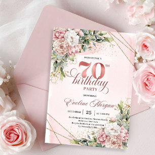 Luxurious Dusty Pink Floral Greenery 70th Birthday Invitation