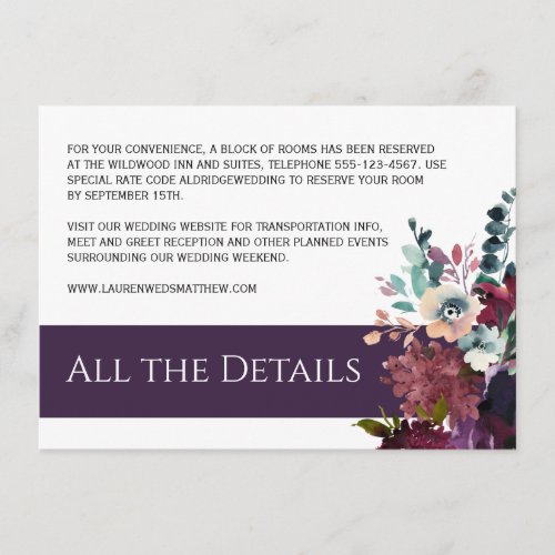 Luxurious Eggplant Purple Floral Wedding Details Enclosure Card