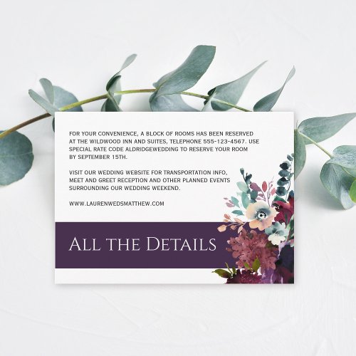 Luxurious Eggplant Purple Floral Wedding Details Enclosure Card