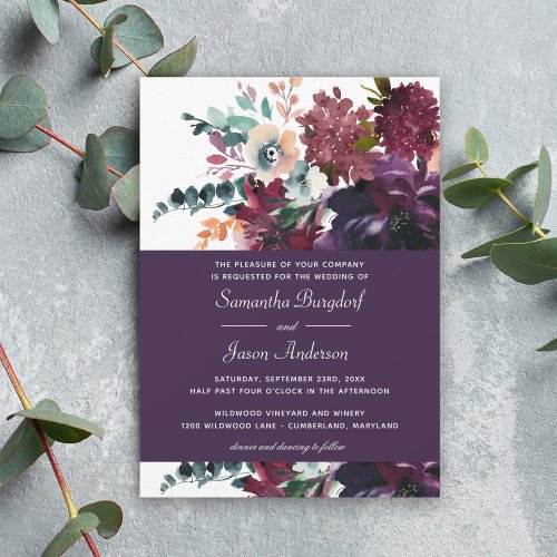 Luxurious Eggplant Purple Floral Wedding Invitation