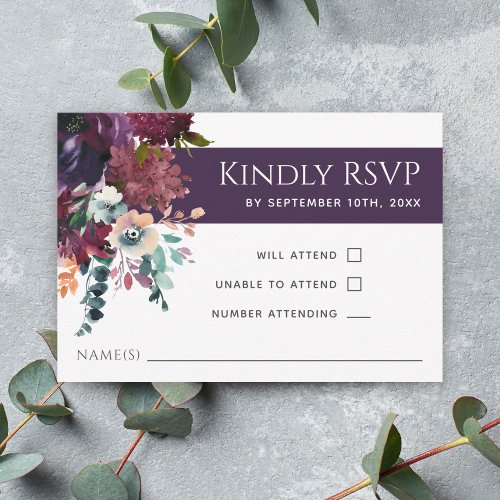 Luxurious Eggplant Purple Floral Wedding RSVP