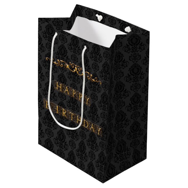 Luxurious, Elegant Black and Gold Happy Birthday  Medium Gift Bag (Front Angled)