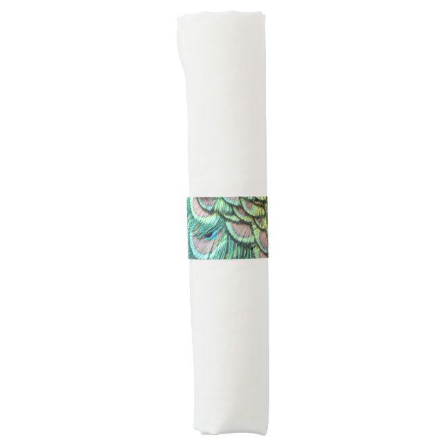 Luxurious Elegant Boho Teal Peacock Feathers Napkin Bands (Front)