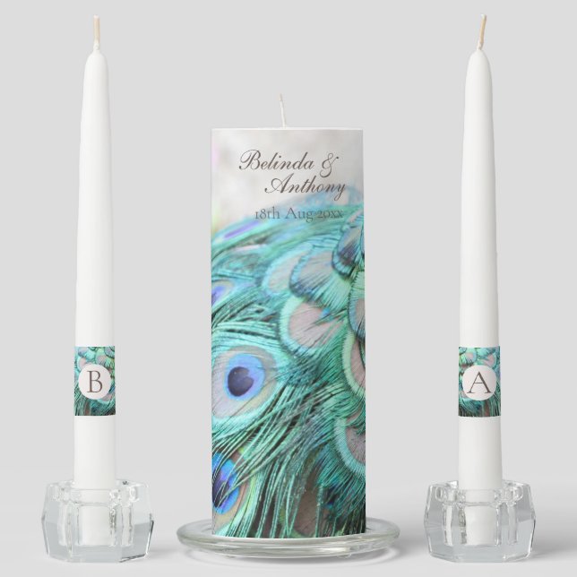 Luxurious Elegant Boho Teal Peacock Feathers  Unity Candle Set (Front)