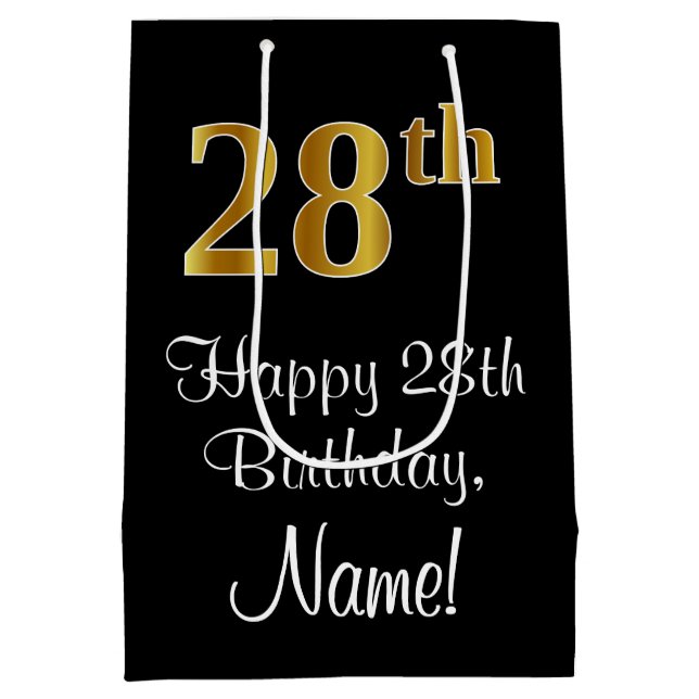 Luxurious, Elegant, Faux Gold Look 28th Birthday Medium Gift Bag (Back)