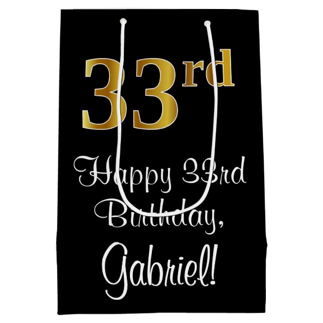 Luxurious, Elegant, Faux Gold Look 33rd Birthday Medium Gift Bag (Back)