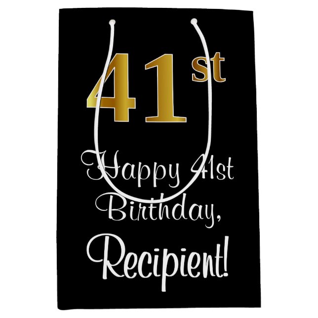 Luxurious, Elegant, Faux Gold Look 41st Birthday Medium Gift Bag (Front)