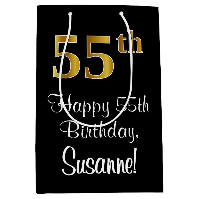 Luxurious, Elegant, Faux Gold Look 55th Birthday Medium Gift Bag (Front)