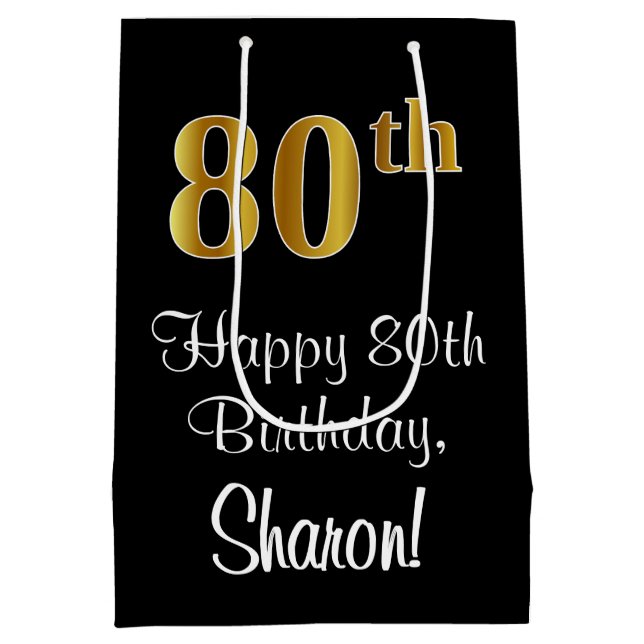 Luxurious, Elegant, Faux Gold Look 80th Birthday Medium Gift Bag (Back)
