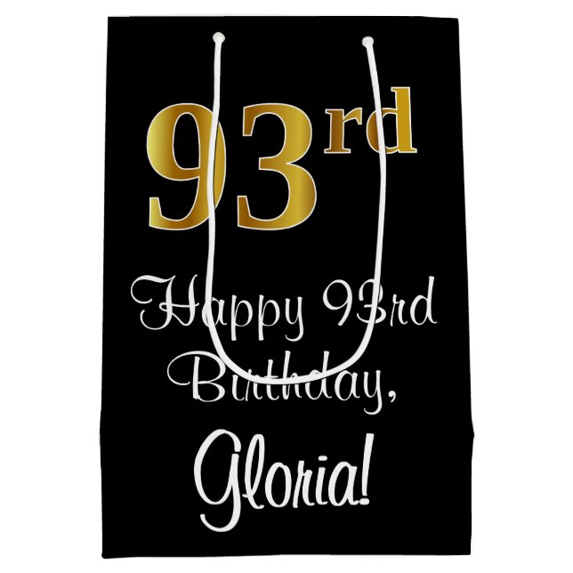 Luxurious, Elegant, Faux Gold Look 93rd Birthday Medium Gift Bag (Back)