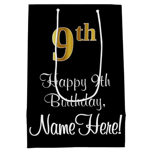 Luxurious, Elegant, Faux Gold Look 9th Birthday Medium Gift Bag (Back)