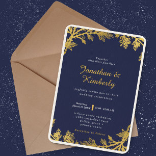 Luxurious  Elegant Navy & Gold Floral Wedding Invitation