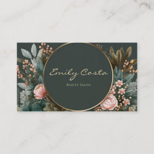 Luxurious Emerald Floral Gold Circle Blush Berry Business Card