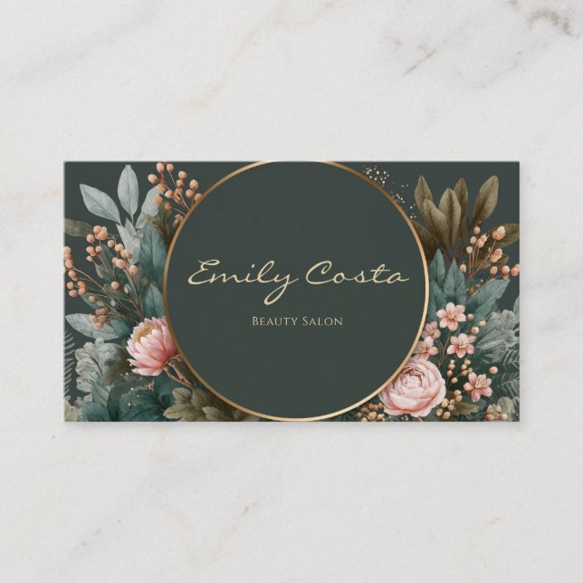 Luxurious Emerald Floral Gold Circle Blush Berry Business Card (Front)