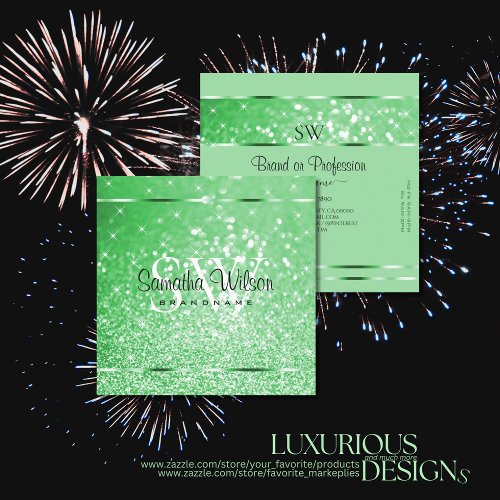 Luxurious Emerald Green Glitter Stars and Monogram Square Business Card