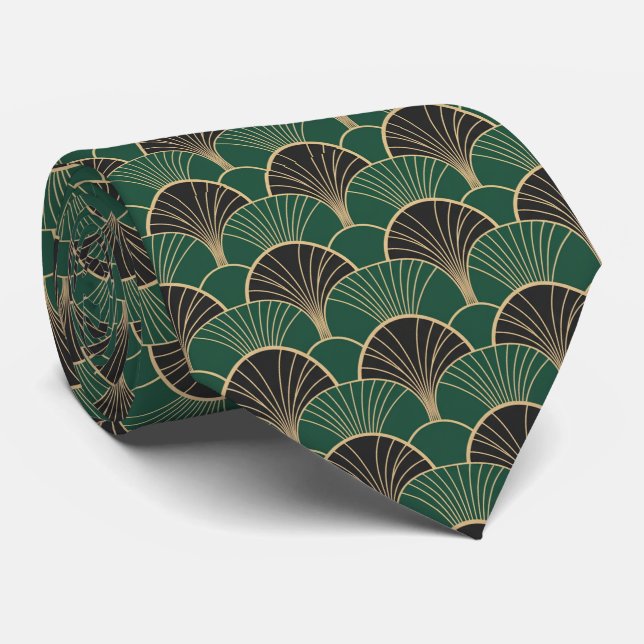 Luxurious Emerald Green & Gold Art Deco Geometric  Neck Tie (Rolled)