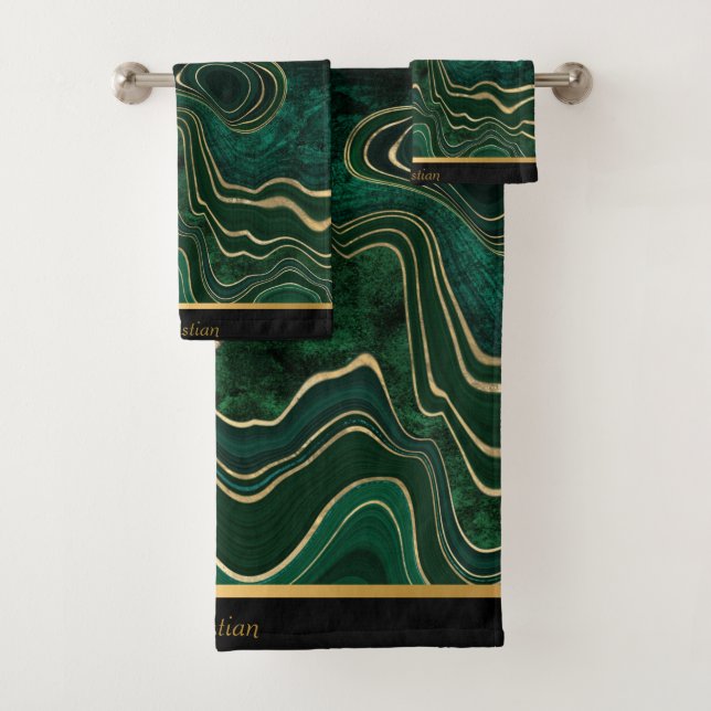 LUXURIOUS EMERALD GREEN MARBLE TRIM TOWEL SET (Insitu)