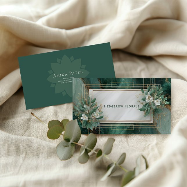 Luxurious Emerald Teal Marble Gold Geometric Flora Business Card (Creator Uploaded)