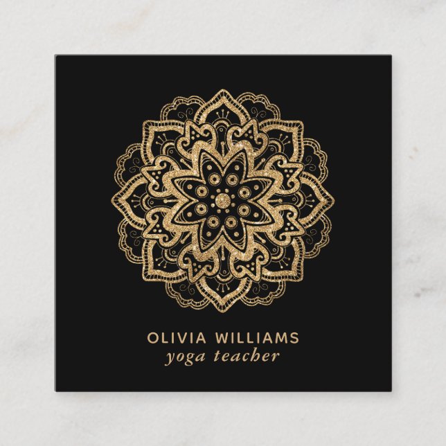 Luxurious Faux Gold Glitter Boho Mandala Black Square Business Card (Front)
