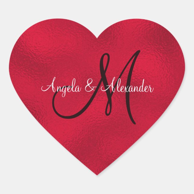 Luxurious Faux Red Foil Newlywed Monogram Heart Sticker (Front)