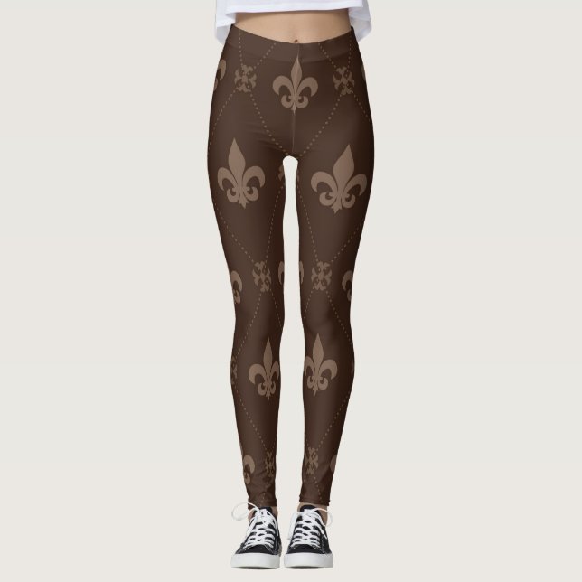 Luxurious Fleur de Lis Brown Leggings (Front)