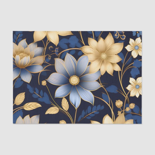 Luxurious Floral Pattern Blue and Gold Tissue Paper (Front)