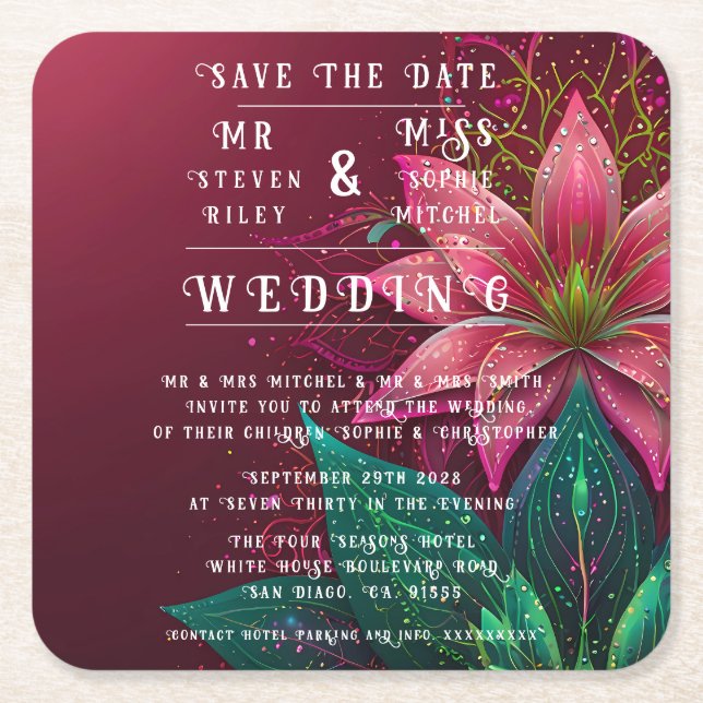 Luxurious Floral Wedding Invitation Suite Square Paper Coaster (Front)