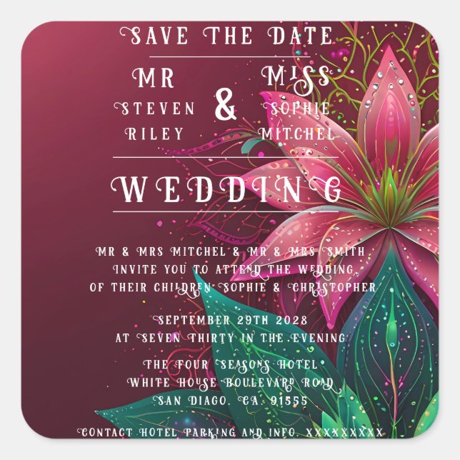 Luxurious Floral Wedding Invitation Suite Square Sticker (Front)
