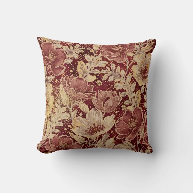 Luxurious Flowers,Gold Maroon, Elegant Beautiful Throw Pillow (Front)