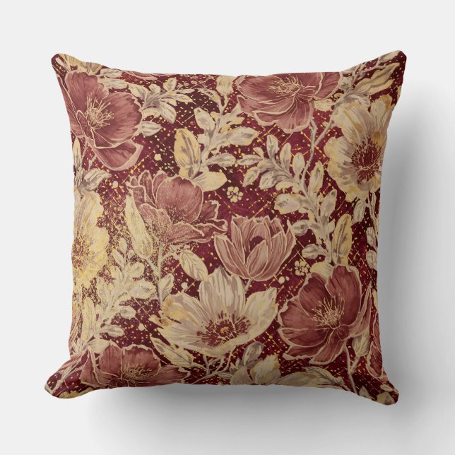 Luxurious Flowers,Gold Maroon, Elegant Beautiful Throw Pillow (Front)