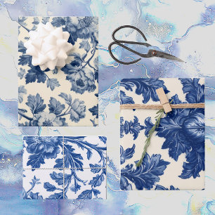 Luxurious French Toile Dreamy Blue Engraved Floral Wrapping Paper Sheets