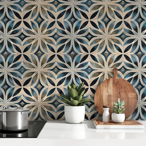 Luxurious Geometric Blossoms _ Blue and Beige Wallpaper